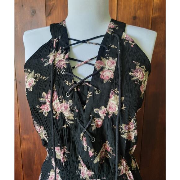 American Eagle Women Sm. Maxi Dress Black Floral Cottagecore Sleeveless Keyhole - Picture 5 of 16